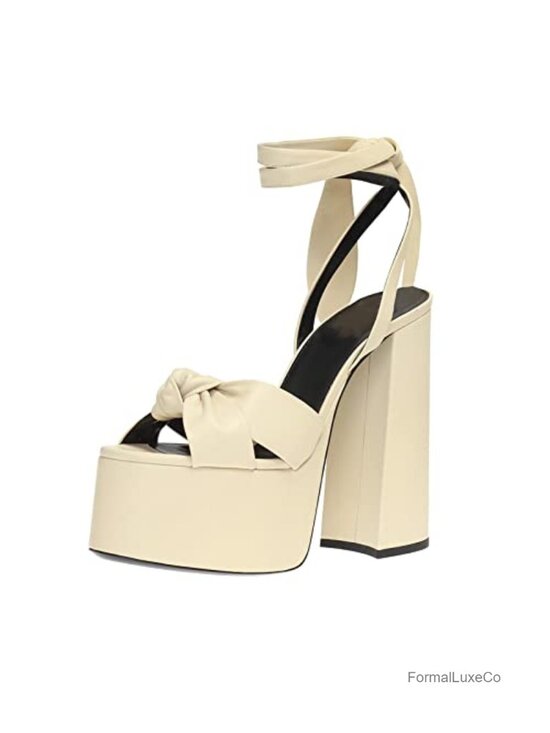 Shoes - Metallic Lace Up Chunky Heel Platform Heels Slingback Ankle Strap Bow Fashion